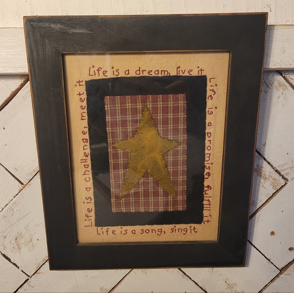 Primitive Farmhouse Framed Embroidery Life Is A Dream 8 X 10